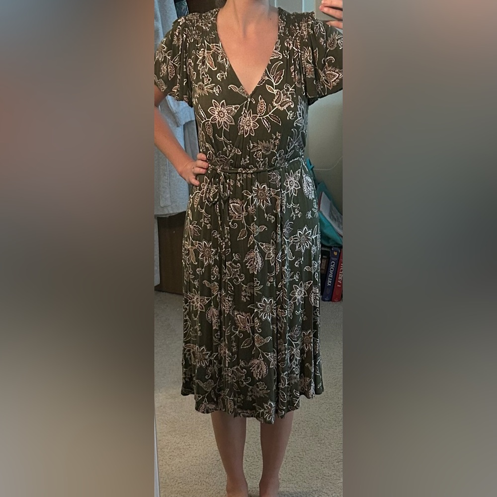 Spirit of Grace olive green patterned dress. Size S.